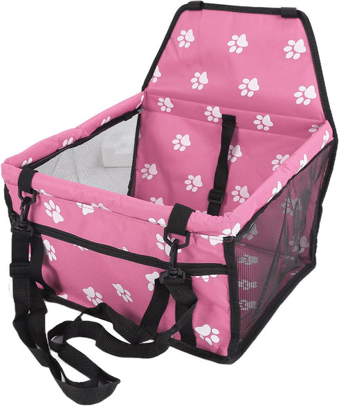 Pet Safety Seat with Oxford Cloth Bear Paw Pattern, Washable Adjustable Strap Carrier Storage Bag for Travel (Pink Paw