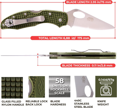 GANZO Firebird F759M Pocket Folding Knife 440C Stainless Steel Blade Nylon Glass Fiber Anti-Slip Handle with Clip Tactical Survival Fishing Camping EDC Knife (Green) by Ganzo