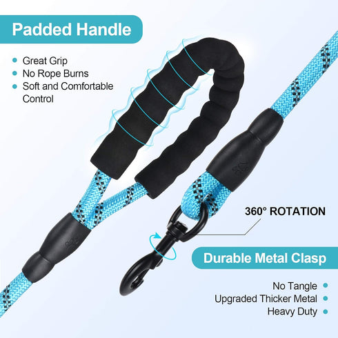 5ft 1/2in Blue Dog Leash for Large & Medium Dogs, Reflective Heavy Duty Rope with Padded Handle