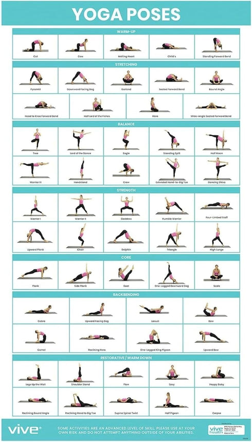 Vive Yoga Poster - Poses for Beginners and Experts, Double Sided Laminated Flow Chart for Home Gym