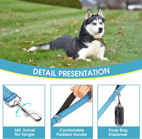 BAAPET Two Handle Dog Leash (1.0'' x 5 FT, Blue) - Dual Soft Padded Handles with Traffic Control for Small to Large Dogs
