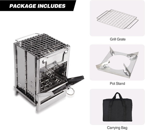 REDCAMP Wood Burning Camping Stove with Pot Stand, Folding Stainless Steel Backpacking Stove for Outdoor Cooking