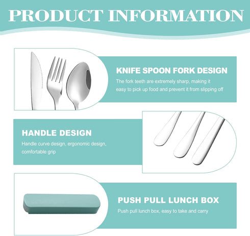 Generic Set 4-Piece Set Portable Cutlery with Case, Stainless Steel Utensils, Knife Fork Spoon with Mint Green Storage