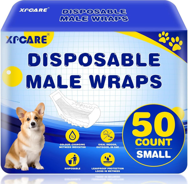 XPCARE 50 Count Disposable Male Dog Diapers, Male Dog Wraps,Super Absorbent Leak-Proof