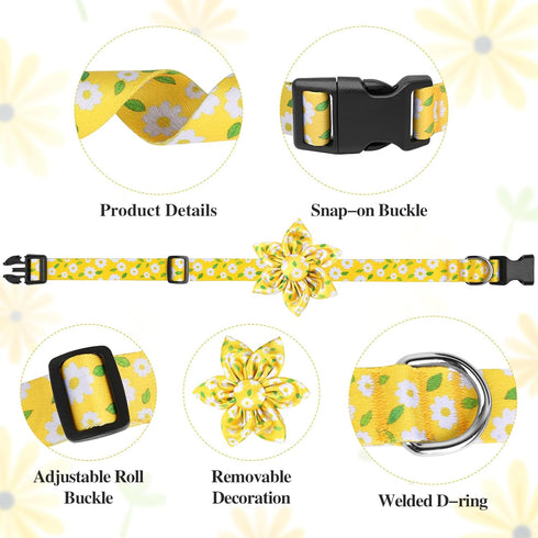 BiPawTi Floral Dog Collar with Daisy Bloom Decoration, Yellow Flower Collar for Small Dogs, Soft Cute Summer Collar (XS)