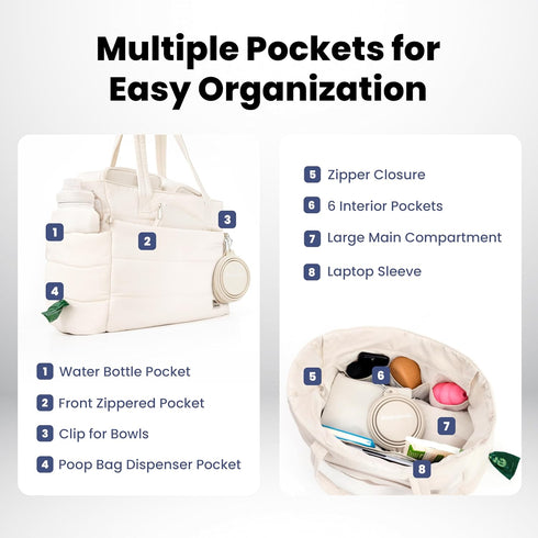 rubyloo Puffer Dog Travel Bag for Dog Moms Doggy Diaper Bag with Pet Bowls & Food Storage or Everyday Puffy Tote Doggy