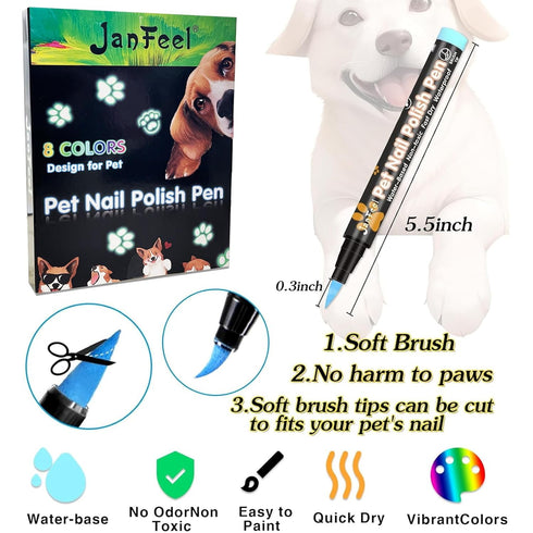 Quick Dry Dog Nail Polish, 8 Neon Bright Colors, Non Toxic Pet Safe Soft Brush Tip Nail Polish Pens for Dogs, Cats,