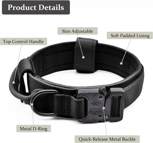 Tactical Dog Collar, Adjustable Military Training Nylon Dog Collar with Control Handle and Heavy Quick-Release Metal