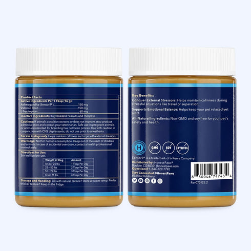 12 oz Honest Paws Calming Peanut Butter for Dogs Dog Supplement with Ashwagandha, Valerian Root & L-Tryptophan Supports