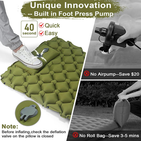 Ultralight Inflatable Sleeping Pad for Camping, Compact Mattress with Built-in Foot Pump for Backpacking