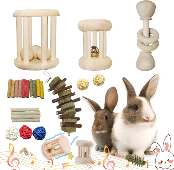 QWR 23 PCS Natural Wooden Rabbit Toys,Safe Bunny Chew Toys for Teeth,Grass Timothy