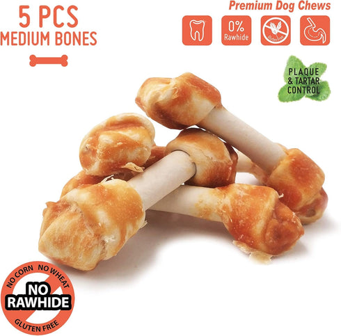 Chicken Dog Chew Bones Medium, Rawhide Free, Grain Free, Made with Real Chicken, 5 pcs/pack