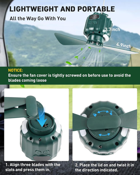 DUKUSEEK Tent Ceiling Fans for Camping Hanging, Portable Tent Fans with Light and Remote Control, Power Bank, USB