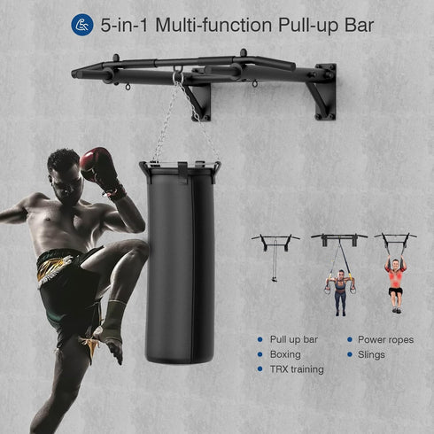 Wall Mounted Pull Up Bar - Thicken Steel Chin Up Bar for Home Gym, Max Load 300 lbs, Includes Punch Bag and TRX Hook.