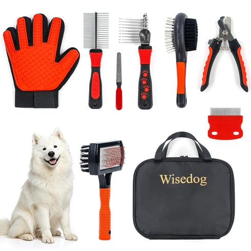 Wisedog Dog Grooming Kit 8PCS - Pin & Bristle Brush, Slicker Brush,