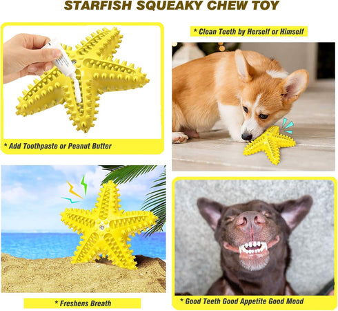 Dog Chew Toys, Squeaky Water Floating Starfish Toy, Natural Tooth Brush for Small Medium Dogs, Yellow
