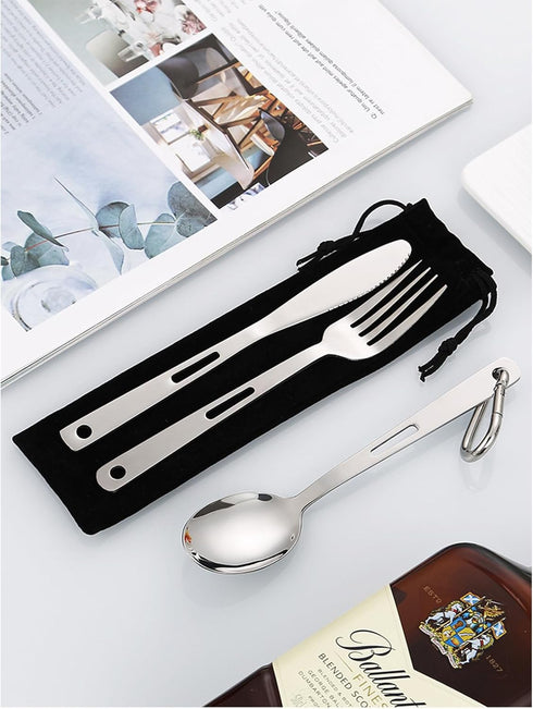 Set, 3-Piece Set Set) Stainless Steel Utensil Reusable Travel Cutlery with Storage Bag & Carabiner, Portable Stainless