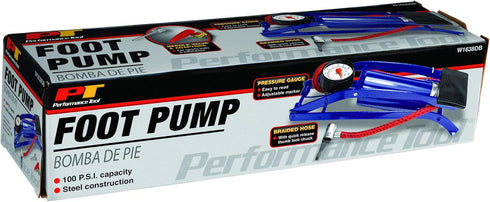 Performance Tool W1638DB Foot Pump for Bike Tires and Sports Equipment with Air Pressure Gauge, Braided Hose, and Needle Valve with Adaptors, 100 P.S.I Capacity, Blue by Performance Tool