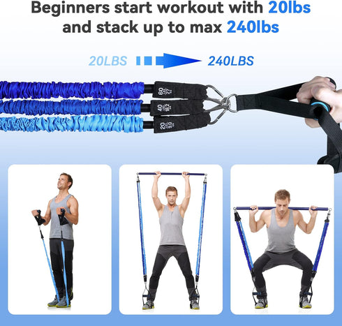 Hommie Portable Pilates Bar Kit with Resistance Bands for Men and Women, Upgraded 3 Section Bar for Home Gym