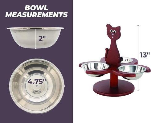 Etna Pet Store Elevated Cat Bowls, Wooden Raised Feeder with 3 Removable Bowls for Food & Water, Brown