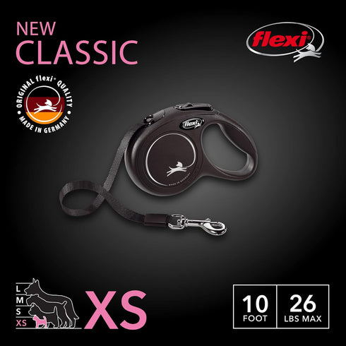 FLEXI New Classic Retractable Dog Leash (Tape), 10 ft, Extra Small, Black