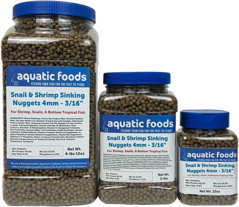 Aquatic Foods Inc. Snail & Shrimp 4mm-3/16 Sinking 40% Protein Nuggets for Snails, Shrimp, Axolotl,