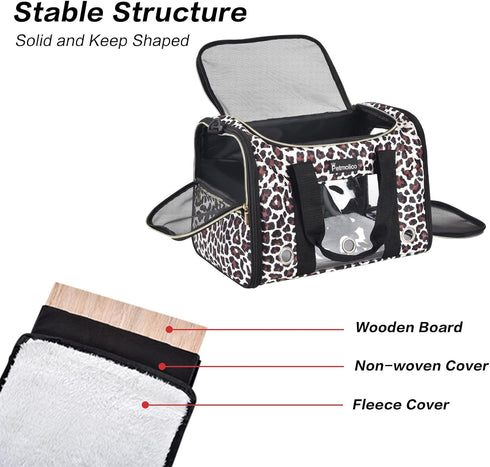 Petmolico Cat and Dog Carrier, Airline Approved Soft Travel Carrier with 3 Open Doors, Leopard