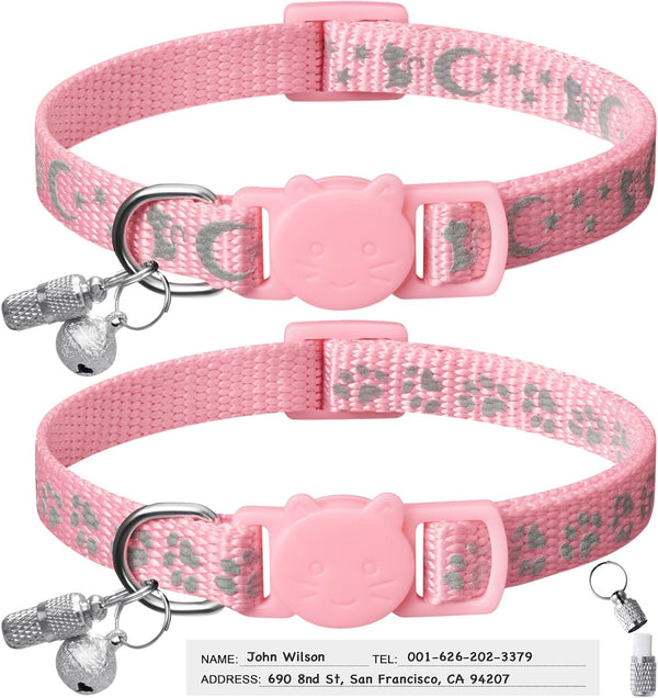2 Pack Breakaway Cat Collars & Name Tags, Reflective Kitten Collar with Bell, Adjustable 7''-12'', Pet Supplies
