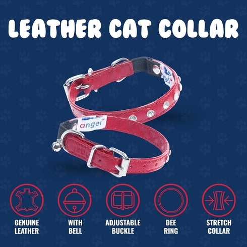 Angel Athens Red Rhinestone Leather Cat Collar, 12" x 1/2", Elastic Break-Away Safety