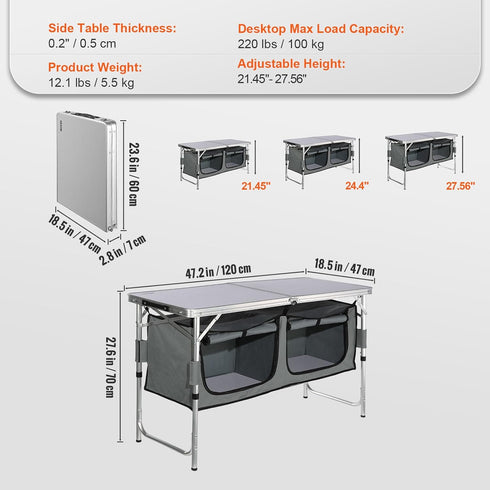 VEVOR Camping Kitchen Station - 3 Adjustable Height Folding Outdoor Cooking Table with Storage Organizer for BBQ and