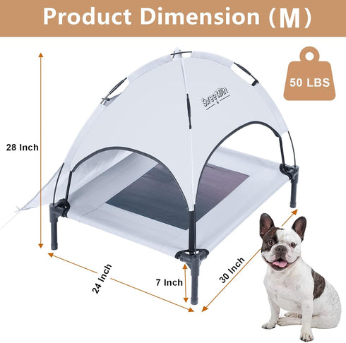 Outdoor Elevated Dog Cot with Canopy & Side Shade for Small Medium Dogs, Portable Cooling Raised Bed with Carry Bag