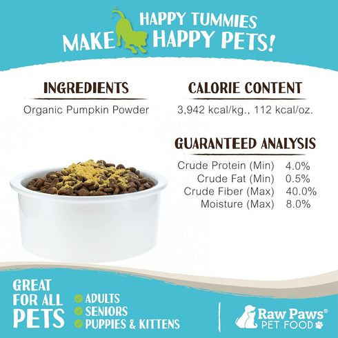 Raw Paws Organic Pumpkin Powder Pet Food Topper, 3-oz - Grain-Free Anti Scoot Dog Food Gravy Made in USA