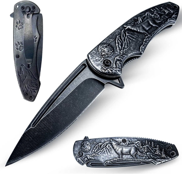 MADSABRE Wolf Pattern Folding Pocket Knife - Stone Washed Steel Handle, Liner Lock for Outdoor Camping and Hunting