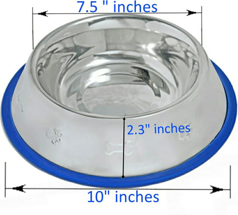 Set of 2 Etched Stainless Steel Dog Bowls, 32oz Each with Non-Skid No-Tip Silicone Ring, Easy to Clean