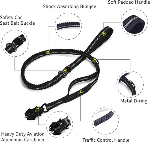 4-6FT Heavy Duty Dog Leash for Large Dogs, Shock Absorbing Bungee with 2 Padded Handles and Car Seatbelt
