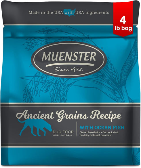 Muenster Ancient Grains Dog Food (4lb) - Ocean Fish Dry Dog Food for Large Dogs – Gluten Free, Non-GMO High Protein