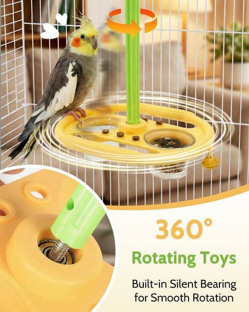 TriGia Paws 2 360 Bird Spinning Toy with Feeding Cups, Rotating Bird Toys for Parrots with Bells & Cork for Boredom