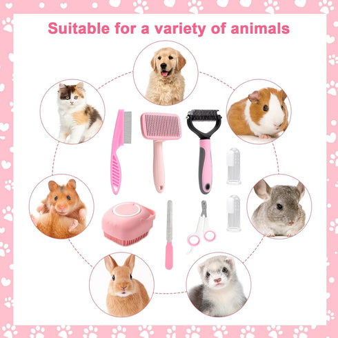 8 Pcs Dog Brush Grooming Kits, Self Cleaning Kit with Nail Clipper, Flea Comb, Bath Brush, and More, Pink