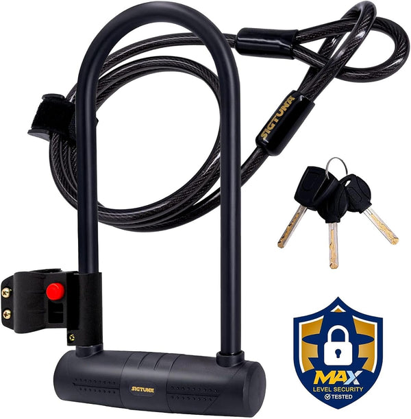 Sigtuna Bike U Lock, Extra Long Heavy Duty Anti Theft, 16mm Bicycle Lock with Shackle, Mounting Holder, and 4ft Cable