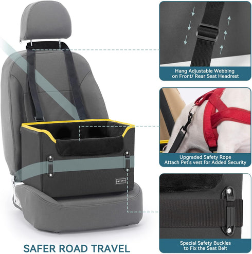 PETSFIT Portable Small Dog Car Seat with Patent Safe Buckles and Clip-On Leash, Suitable for Pets Up to 25lbs (Black)