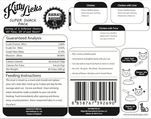 Pack 60 Pack Rena's Recipe Kitty Licks Lickable Cat Treats Chicken Variety Tubes Creamy Cat Treat Pure Grain Free Cat