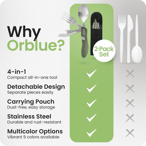 Orblue 4-in-1 Camping Eating Utensils, 2-Pack - Portable Spoon, Fork, Knife & Bottle Opener Combo Set - Stainless Steel