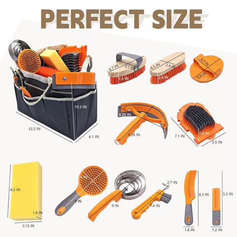 GuZhiYue 12-Piece Set Professional Horse Brush Kit with Storage Tote, Grooming for Daily Stable Care, Includes Curry