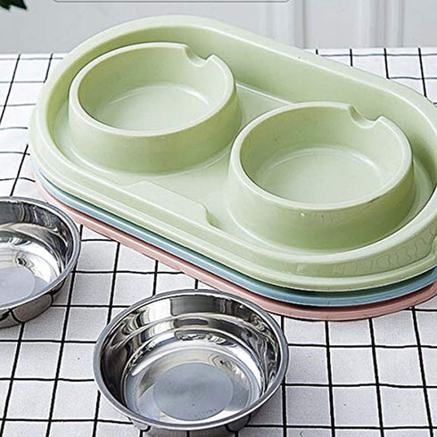 Double Dog Cat Food Bowls - Stainless Steel Pet Bowls with Non-Skid PP Station, No-Spill Feeder for Dogs