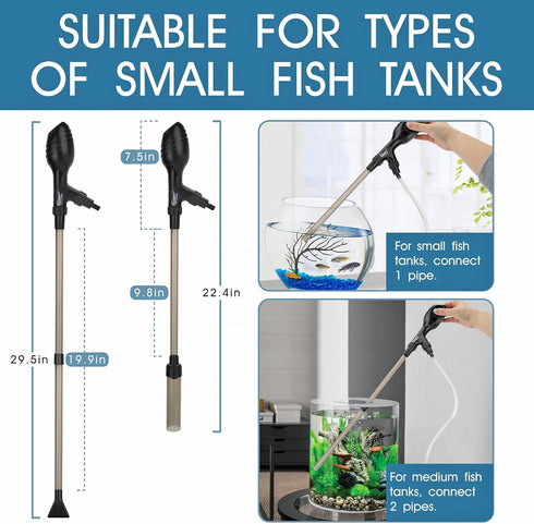 hygger Small Gravel Vacuum for Aquarium, Manual 80GPH Cleaner, Low Water Level Changer with Adjustable Length
