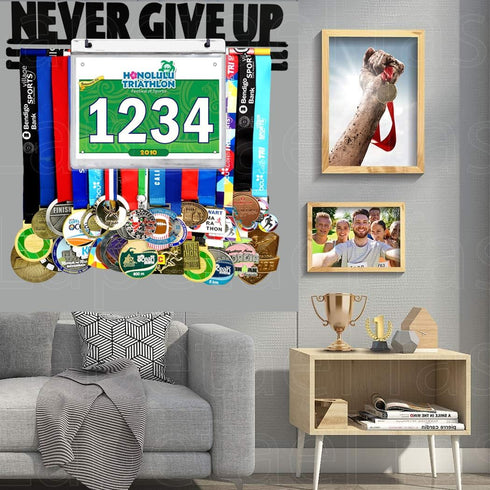 16" Never GIVE UP Race Bib Medal Hanger Holder Display Wall Rack in Long-Medal Hanger Awards Ribbon
