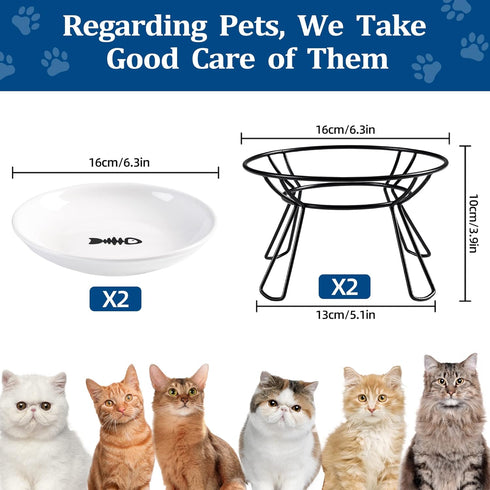 Elevated Cat Bowls, Raised Ceramic Dish with Metal Stand for Indoor Cats, 2 Pack