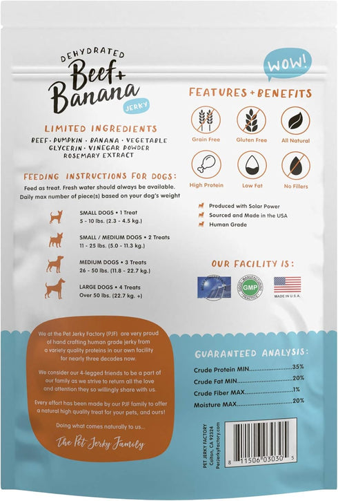 Pet Jerky Factory Premium Beef and Banana Dog Jerky Treats 5 oz. | 100% Human Grade | USA Made | High Protein | Grain