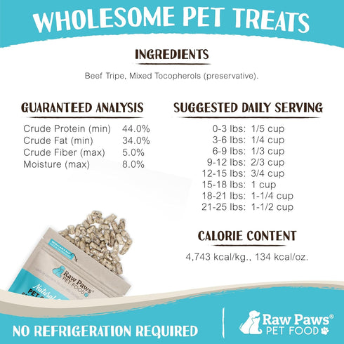 Raw Paws Freeze-Dried Green Beef Tripe for Dogs & Cats, 8-oz - Grain & Wheat Free - Made in USA