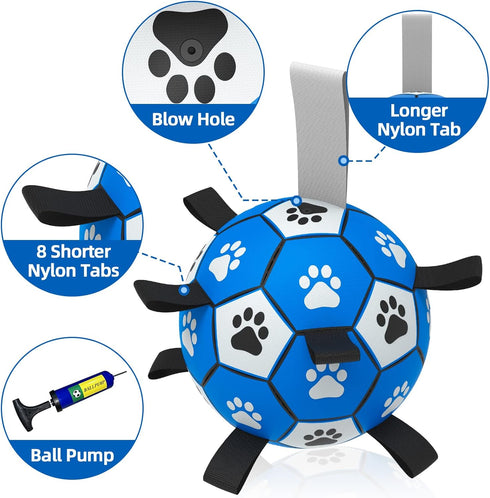 Dog Ropes Toys Soccer Ball with Straps - Interactive Tug of War Toy, Durable Water Toy for Medium & Large Dogs - Blue &